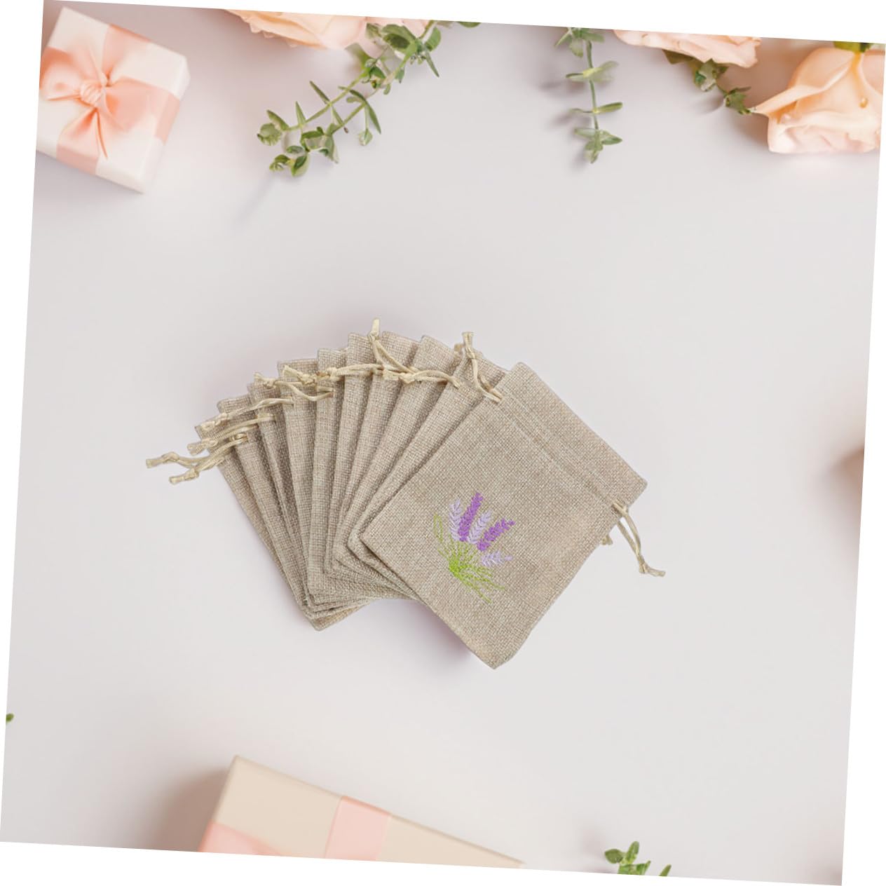 HOODANCOS 22 Sacchetti in Iuta Chiusura a Cordoncino Ricamati Motivo Lavanda, Eleganti e Versatili per Conservare Piccoli Oggetti e Gioielli in Casa come Regalo