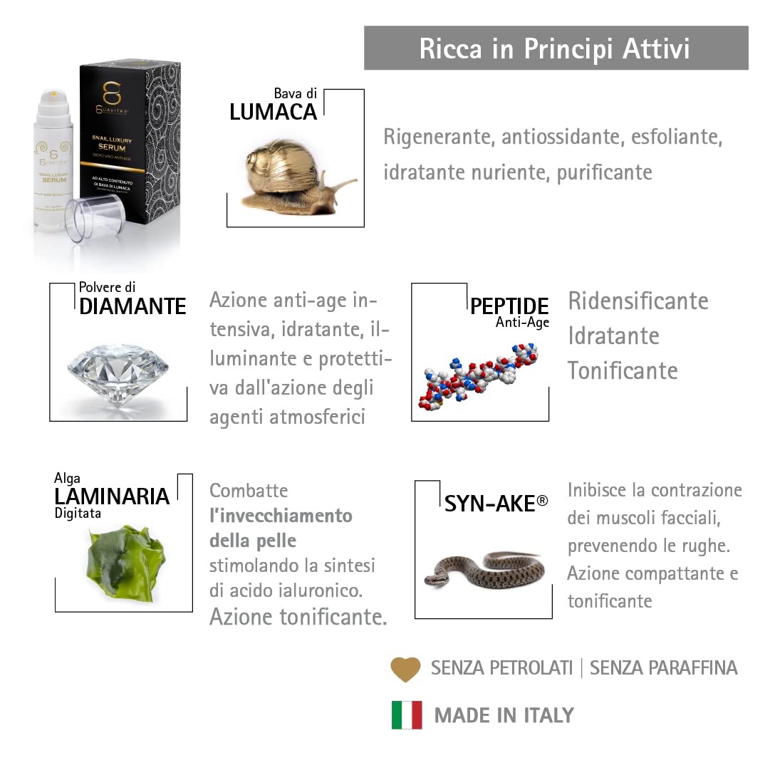Suavitas | Snail Luxury Serum - Siro viso Bava di Lumaca - 30 ml - Siero anti-age e rimpolpante - A base di Bava di Lumaca, Peptidi del Siero di Vipera, Acido Ialuronico, Arginina