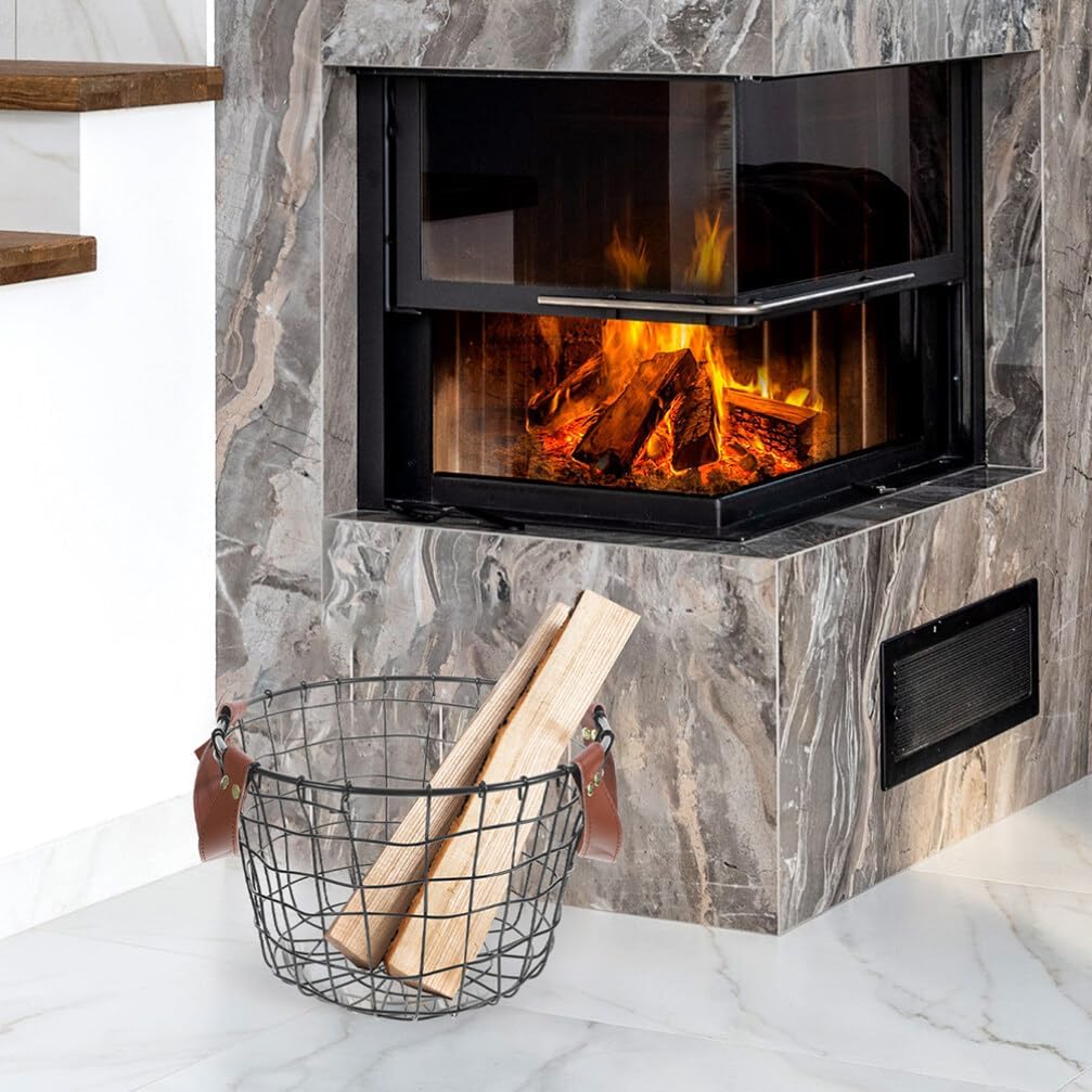 2pcs Metal Wire Storage Basket for Firewood Sturdy Logging Carrier with Handle Versatile Basket for Outdoor Use for Firewood Magazines Toys and More