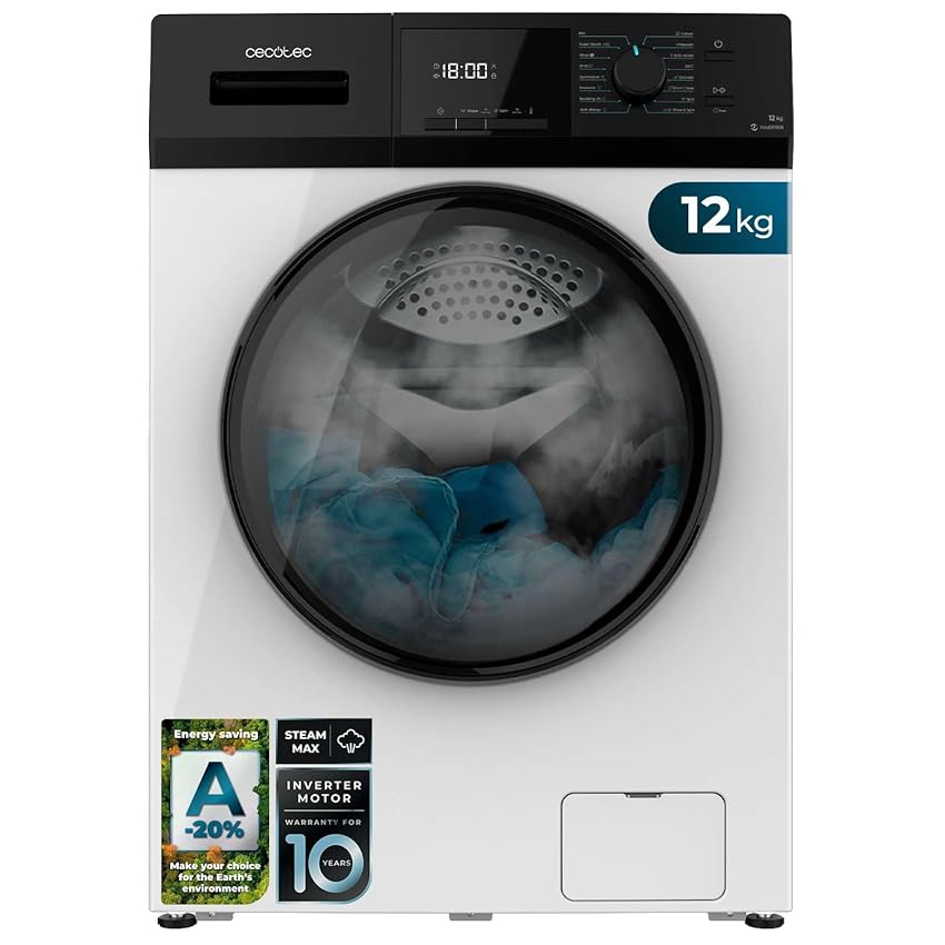 Cecotec Lavatrice a Carica Frontale 12Kg Bolero Dresscode 12410 Inverter A-10%. 1400rpm, Inverter Plus, 16 programmi, SteamMax, Drum Clean, AllergyCare, Stop&Go, Eco, DelayStart, Kid Lock,Diamond Care