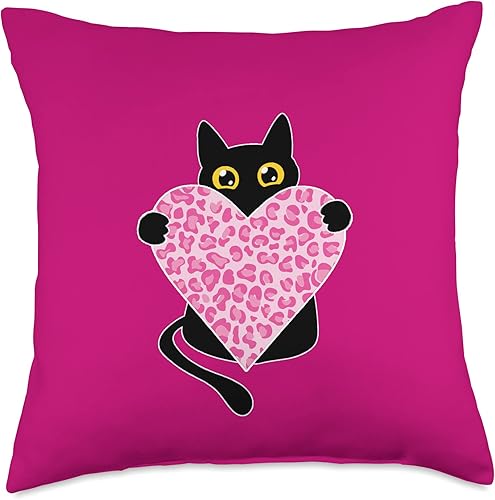 Black Cat heart Leopard Pink Valentines day tees Divertida almohada para el día de San Valentín con diseño de leopardo y corazón rosa 18 x 18