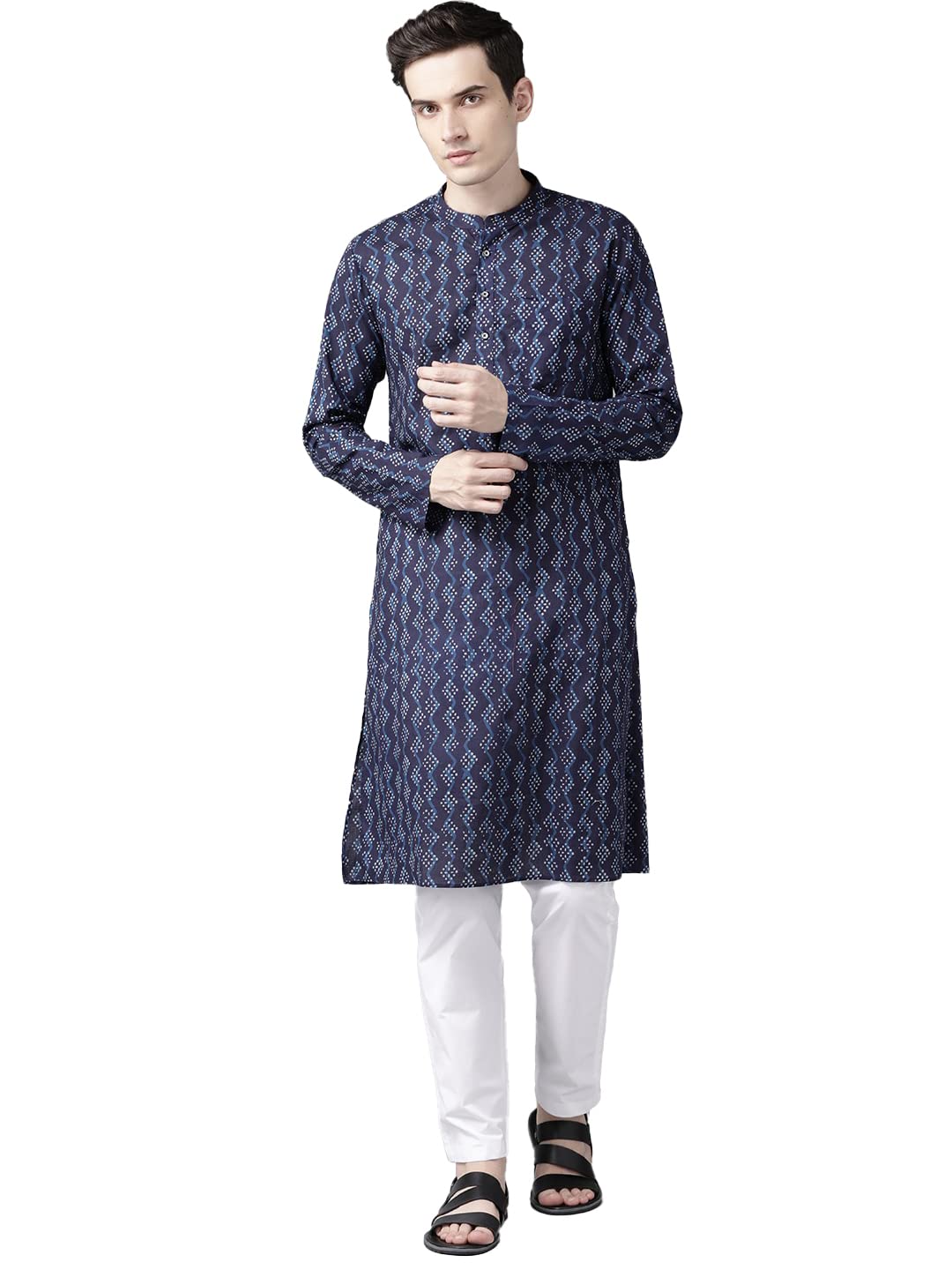See Designs Blue & White Cotton Regular Fit Mandarin Collar Printed Kurta Set_Sdkt98201S