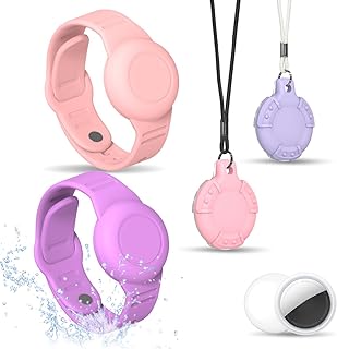 [4 Pack] Waterproof Air Tag Bracelet & Air Tag Necklace for Kids, Silicone Air Tag Hidden Wristband Kids Air Tag Holder Compatible with Apple AirTag Lightweight Air tag Accessories (Pink+Purple)