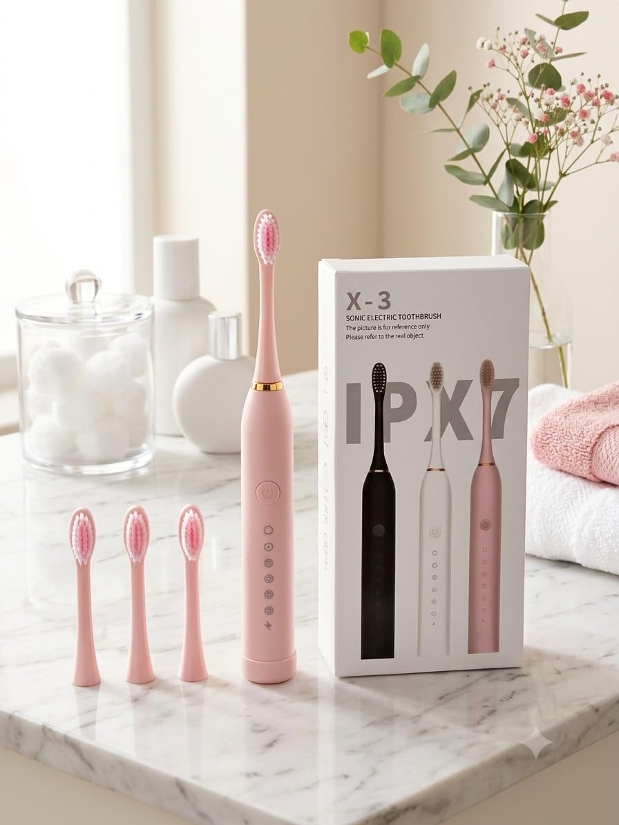 X-3 Sonic Electric Toothbrush with 4 Brush Heads, Rose Pink | 8 Cleaning Modes, IPX7 Waterproof, Long-Lasting Battery, USB Quick Recharge, Dust Shield Cap-image-24