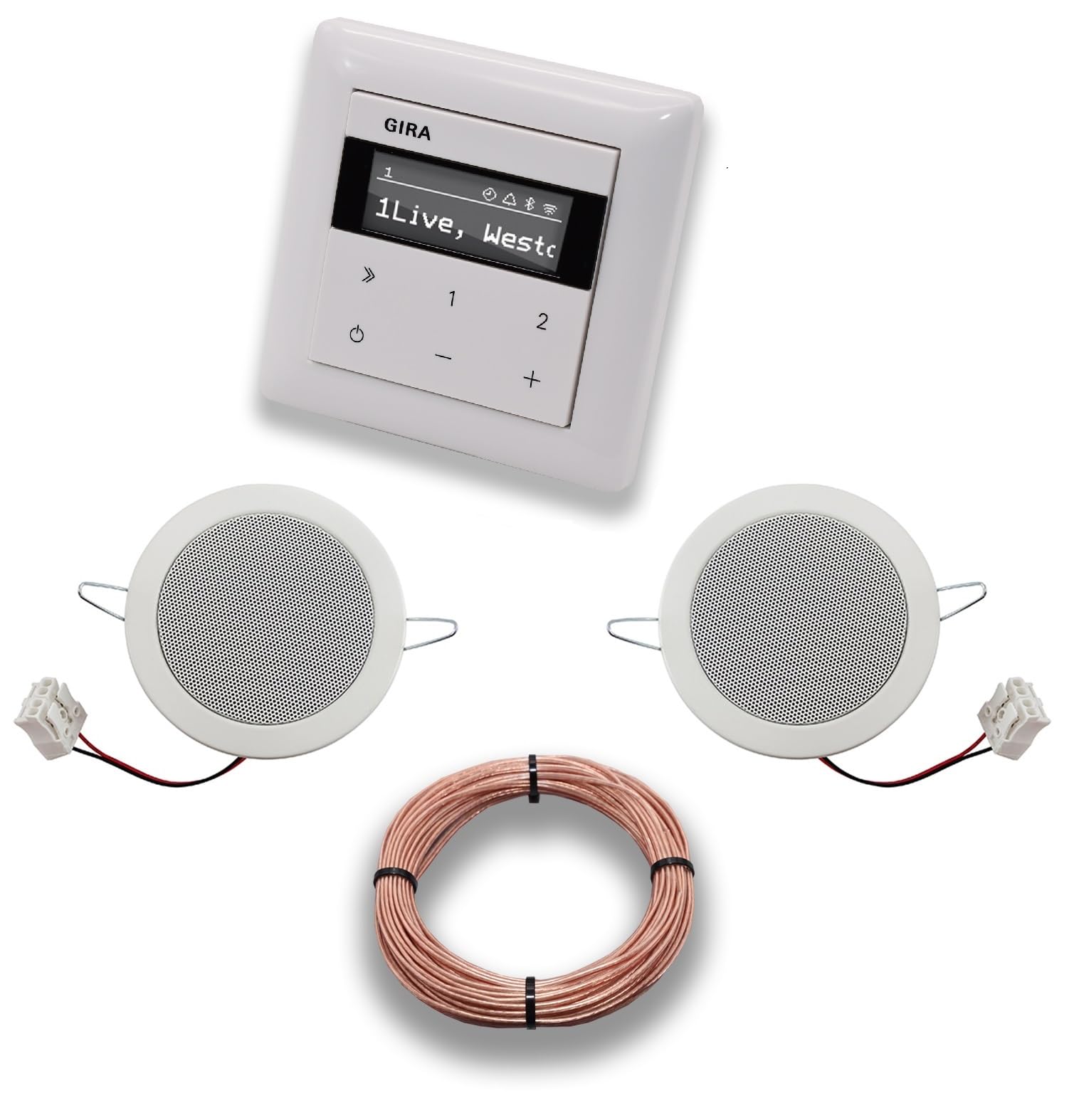 Gira Unterputz IP Internetradio 232003 + Bluetooth Komplett-Set, System 55 reinweiß glänzend + 2 x Deckenlautsprecher/Einbaulautsprecher + 20 Meter Lautsprecherkabel 2x0,75 mm