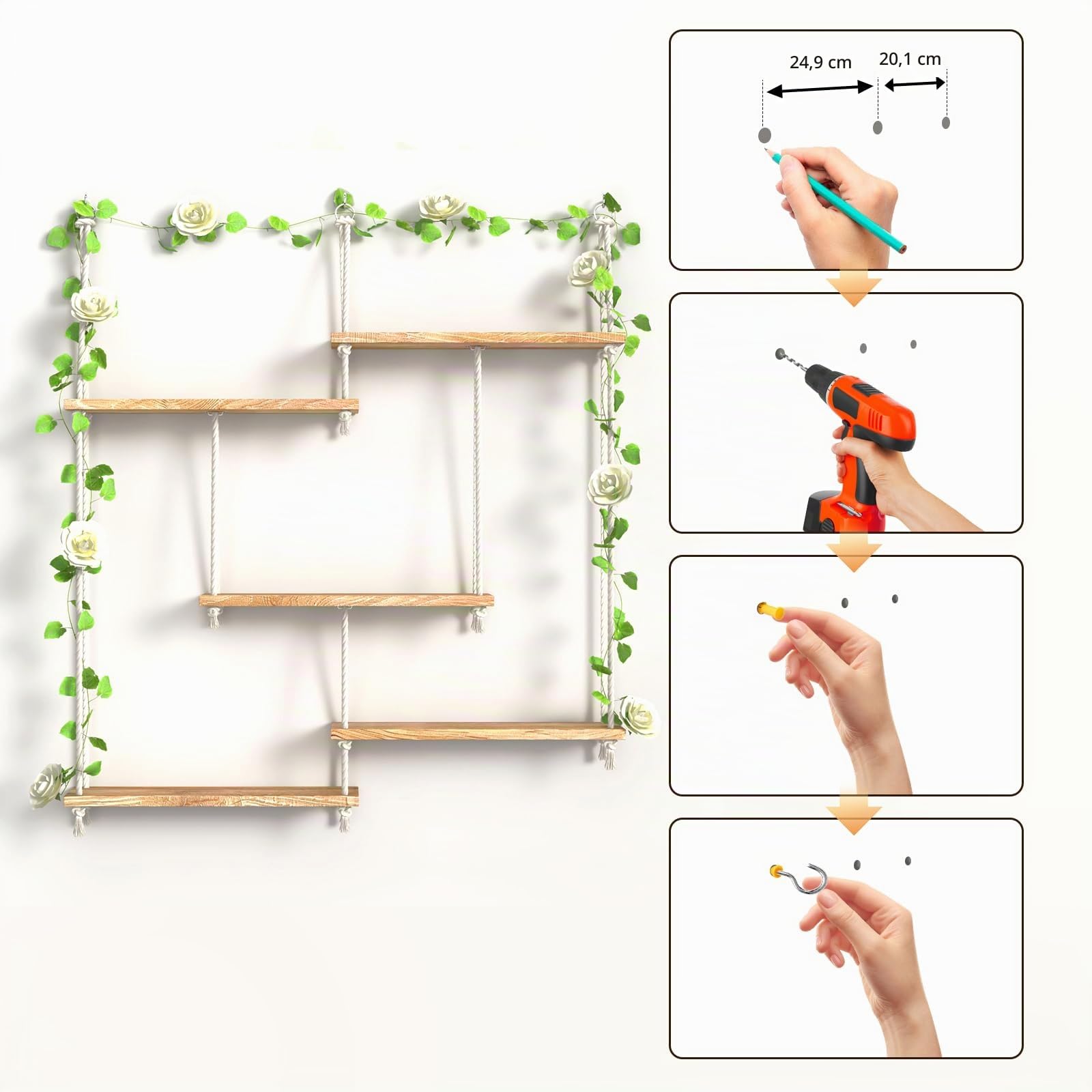 5-stufiges Wandregal Holz für Pflanzen,Makramee Wandbehang Regal Wand für die Wand,Boho Deko Schweberegal Handgewebte Treibholz Hängeregal Für Wohnzimmer Schlafzimmer Badezimmer