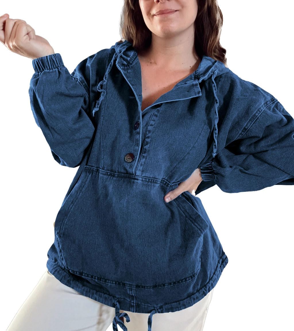 Women's Denim Hoodie Button Down Pullover Jacket Jean Sweatshirt Tops - Image 4