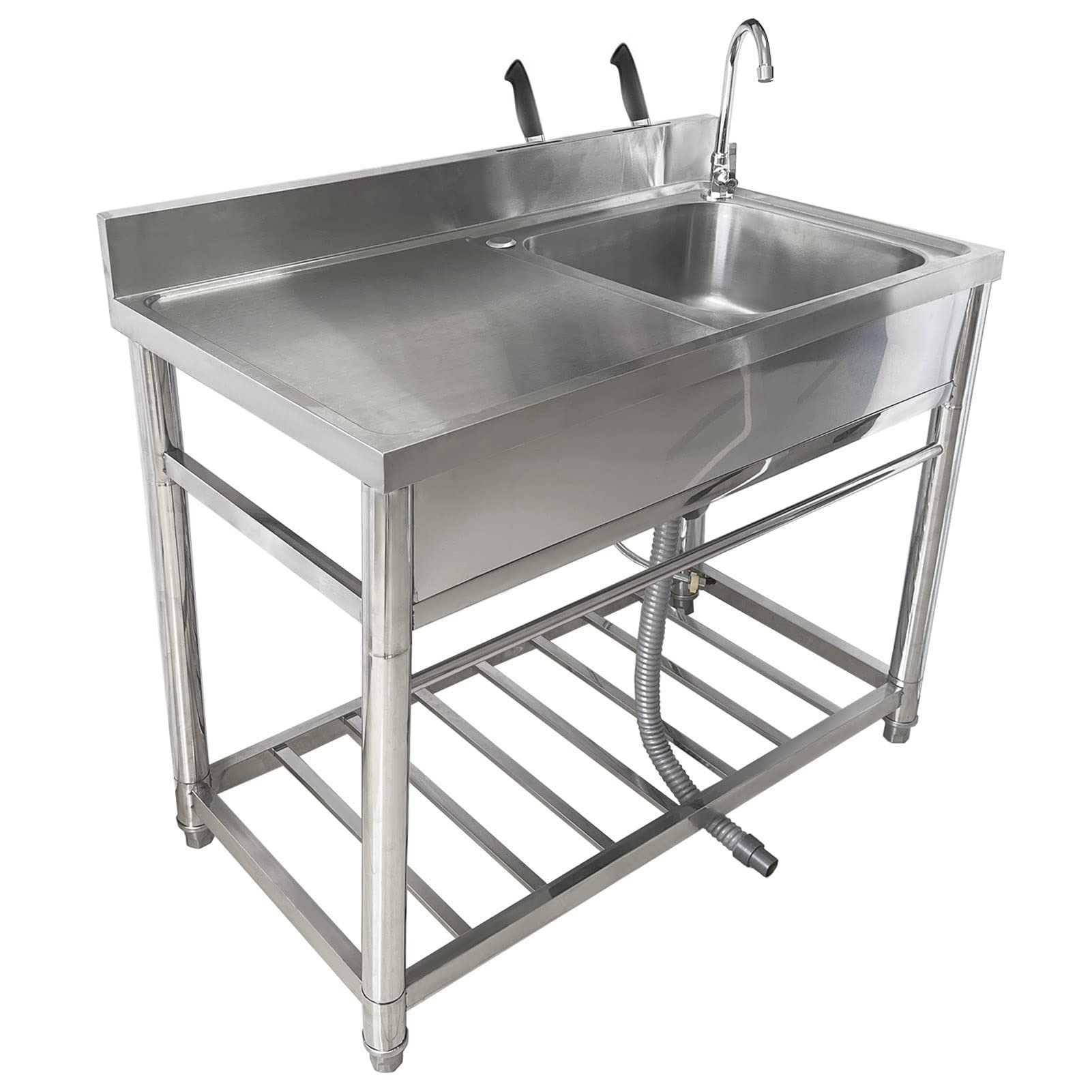 ZQFHSX Free Standing Stainless-Steel Single Bowl Commercial Restaurant Kitchen Sink Set w/Faucet & Drainboard, Prep Utility Washing Hand Basin w/Workbench Storage Shelves Indoor Outdoor (39.4in)