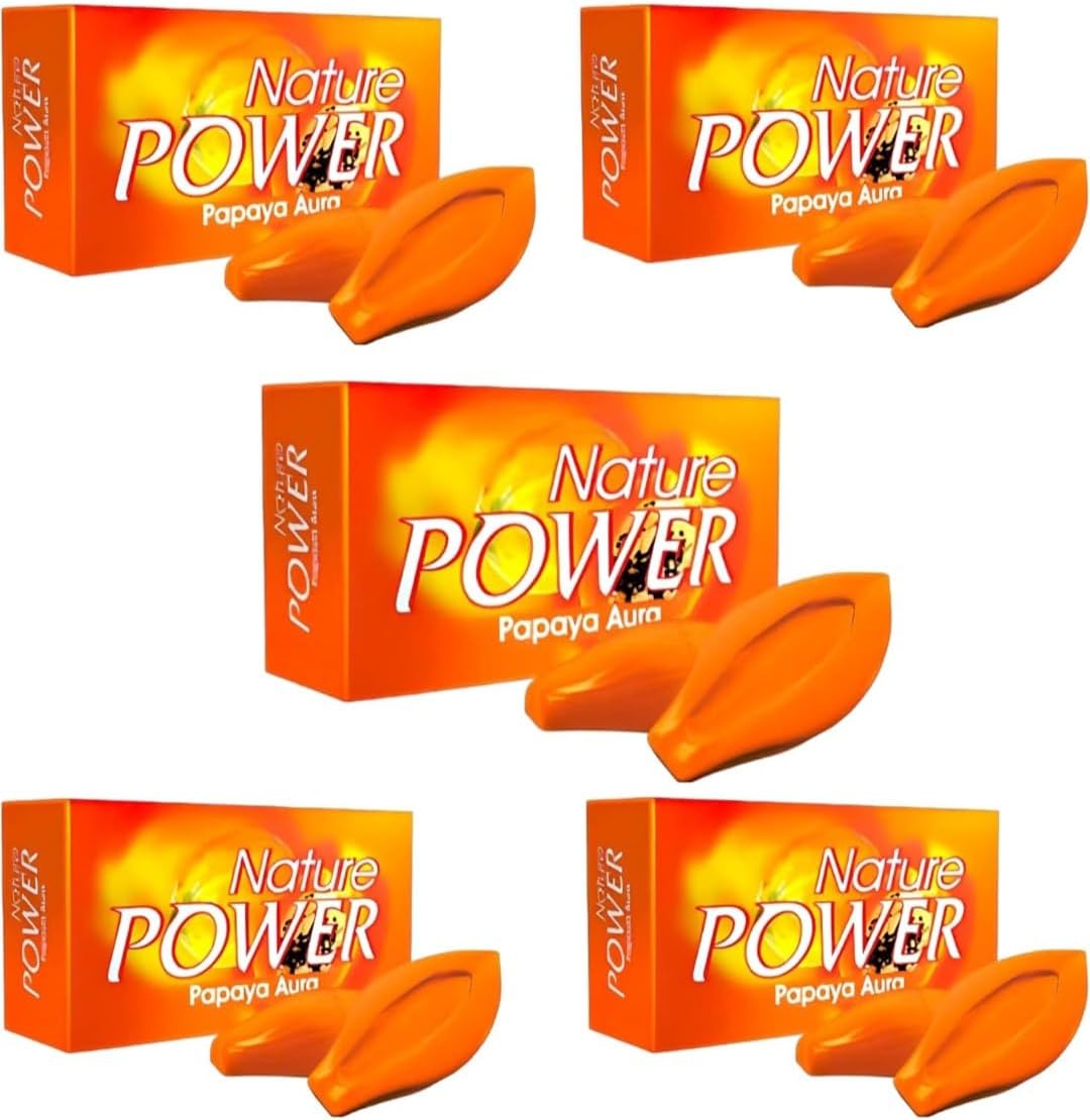 Nature Power Papaya Aura (Pack Of 5)-125G |Bright, Radiant & Glowing Skin| Tfm 76% Grade 1 Soap| 100% Vegan|Suitable For All Skin Types