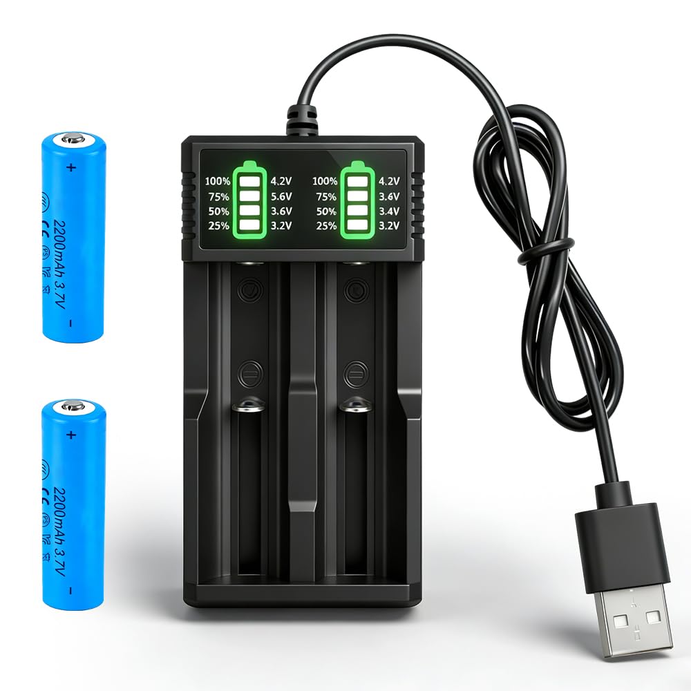 NAVESO 2 baterías recargables de 3,7 V 2200 mAh, batería de iones de litio de 3,7 V con cargador, batería de iones de litio para linterna, ventilador pequeño, timbre, mini ventilador, linterna frontal — view 7