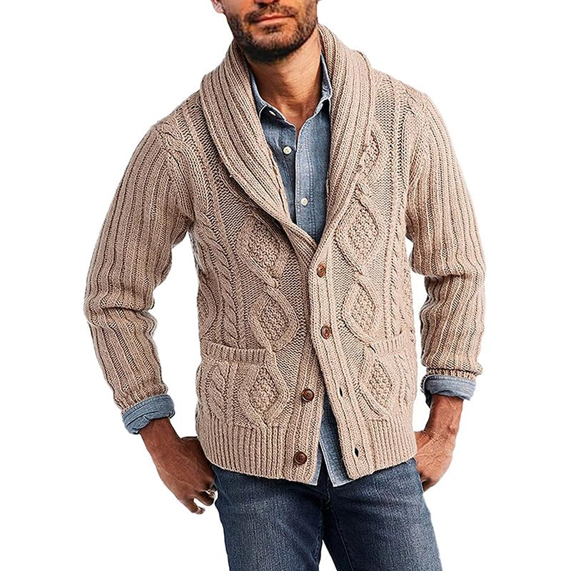 Mens Vintage Shawl Collar Pocket Cardigan Loose Long Sleeves Button Down Cable Knitted Sweaters2