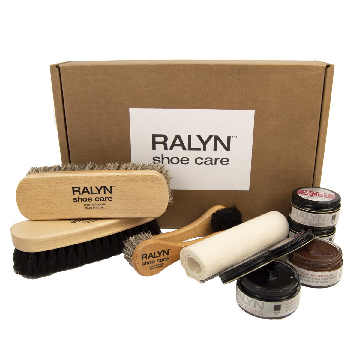 RalynShoe Polish Kit | Includes 2 Horsehair Brushes, 2 Daubers & Black, Brown, Natural Polish | Restore & Protect Leather Boots, Bags & Jackets | Made in the USA