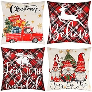 Set of 4 Christmas Cushion Covers Red Plaid Linen Christmas Cushion Cover 45 x 45 cm Santa Claus Deer Gnomes Truck Snowflake Pattern Cushion Cover Christmas Decoration