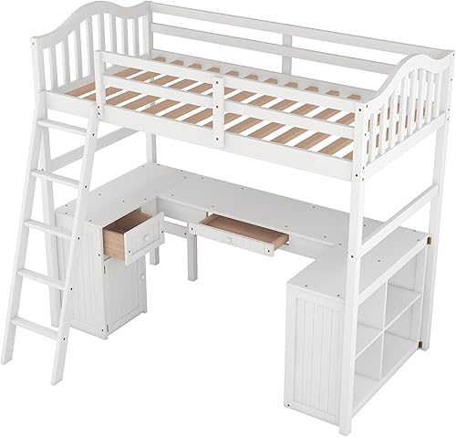 Miniatura 9 de Quarte Cama tipo loft versátil de tamaño individual con escritorio integrado y 2 cajones cama tipo loft de madera con estantes de almacenamiento y