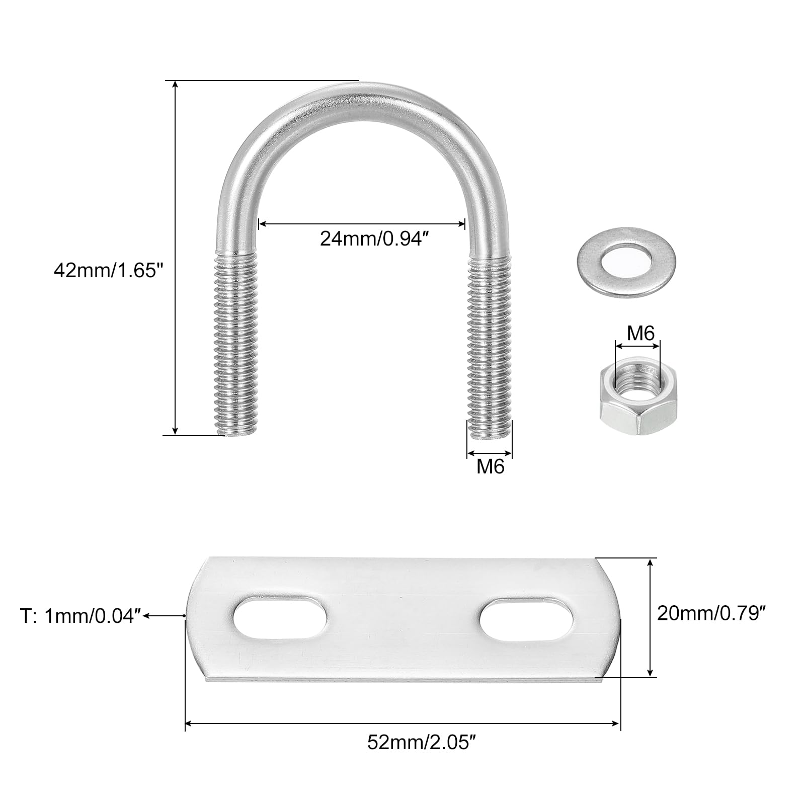 QUARKZMAN Boulons en U Ronds, 6 Ensembles 22mm(0.87") Largeur Intérieure 42mm Longueur M6 Boulon de Serrage en U en Acier Inoxydable 304 avec Écrous et Plaques, pour Remorque de Bateau
