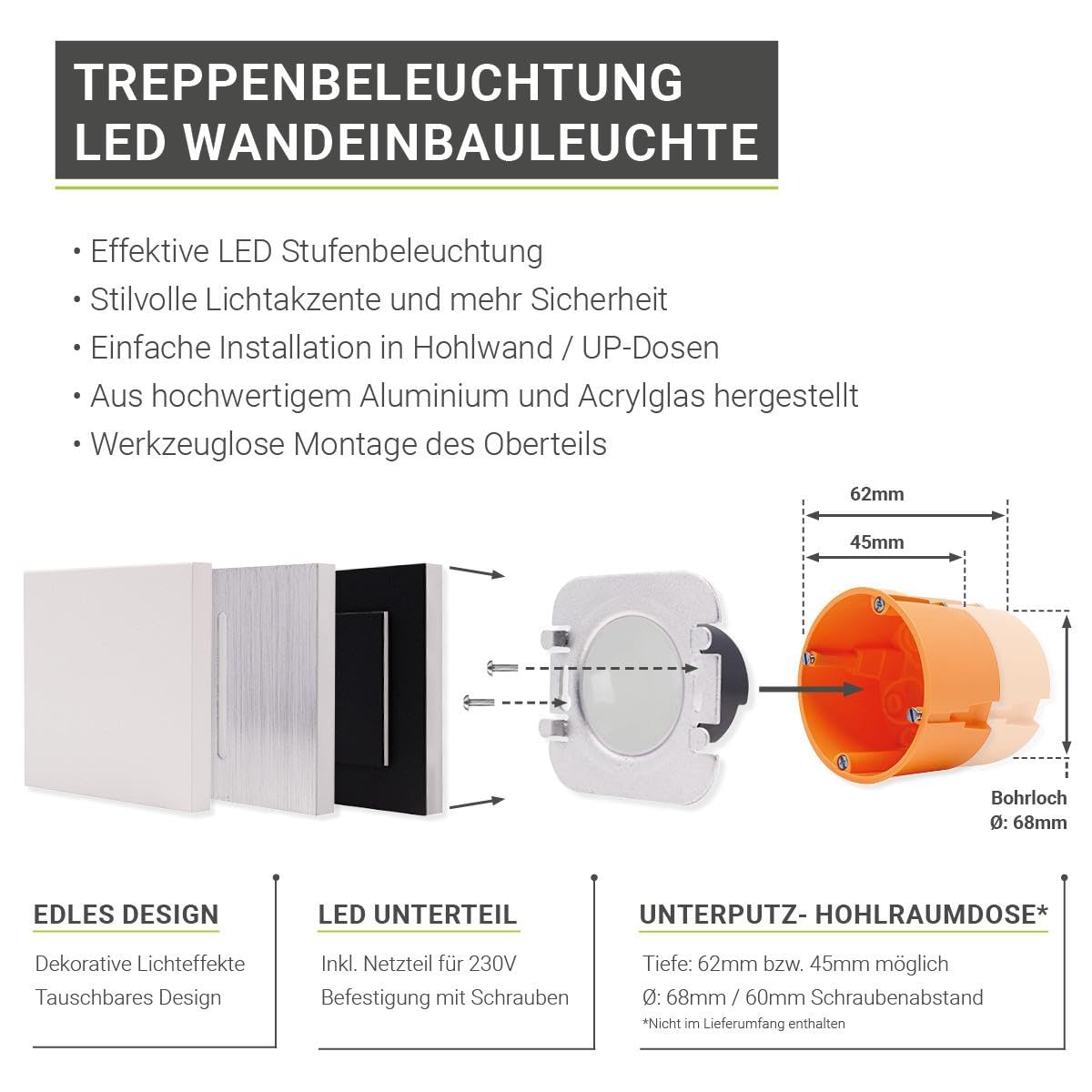LED Treppenleuchte mit Bewegungsmelder rund weiß Lichtfarbe auswählbar (CCT) - Lichtaustritt: Orbis