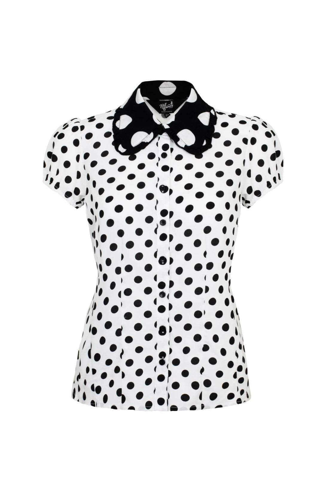 Hell Bunny Women's Blouse - Polka Dot - Puff Sleeves - White - L