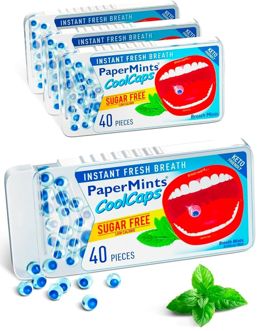 PaperMints CoolCaps - Instant Fresh Breath Mints Sugar-Free 4 Pack - 160 capsules. Extreme Bad Breath Treatment for Adults, Breath Freshener Pearls for Halitosis Treatment Keto-Friendly Peppermint