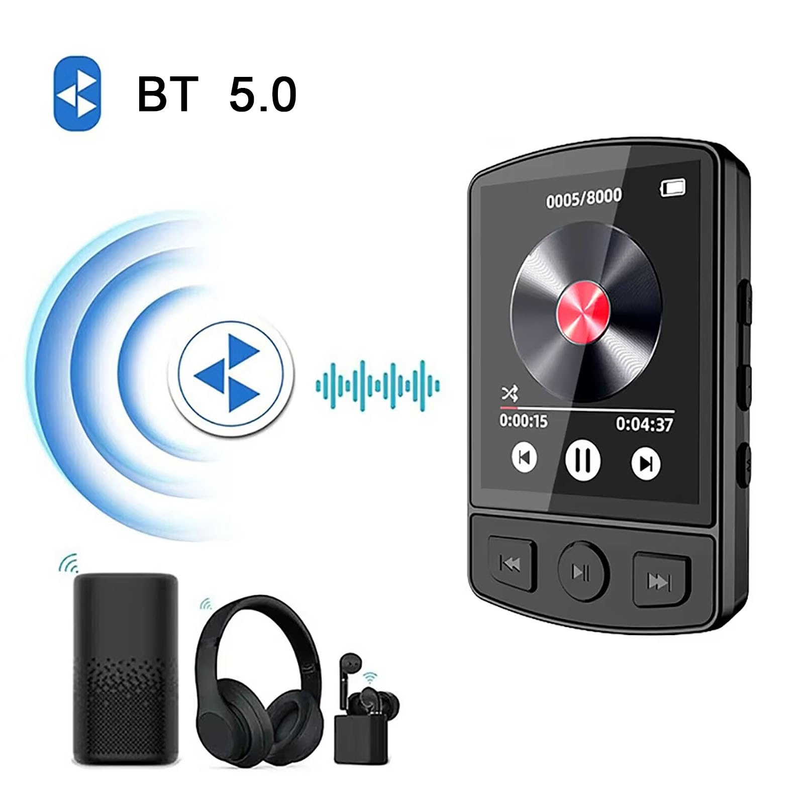 Reproductor MP3 de 32 GB con conexión inalámbrica, sonido Hi-Fi sin pérdidas, pantalla de 1,8" | Entretenimiento todo en uno (radio FM, grabación y eBook) | Batería de larga duración, clip deportivo