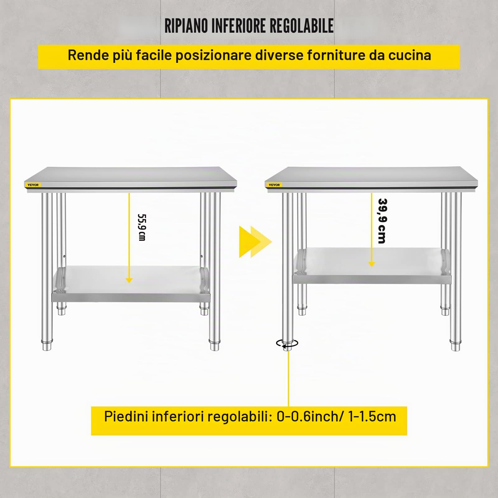 VEVOR Piano di Lavoro per Cucina Professionale 90 x 60 cm, Tavolo da Lavoro da Cucina in Acciaio Inox, Tavolo da Lavoro per Cucina Professionale con Baclsplash
