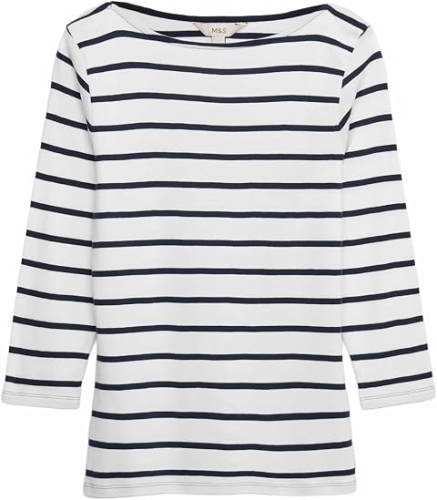 Marks & Spencer Damen Gestreiftes Top aus Reiner Baumwolle mit Bootausschnitt – Slim Fit