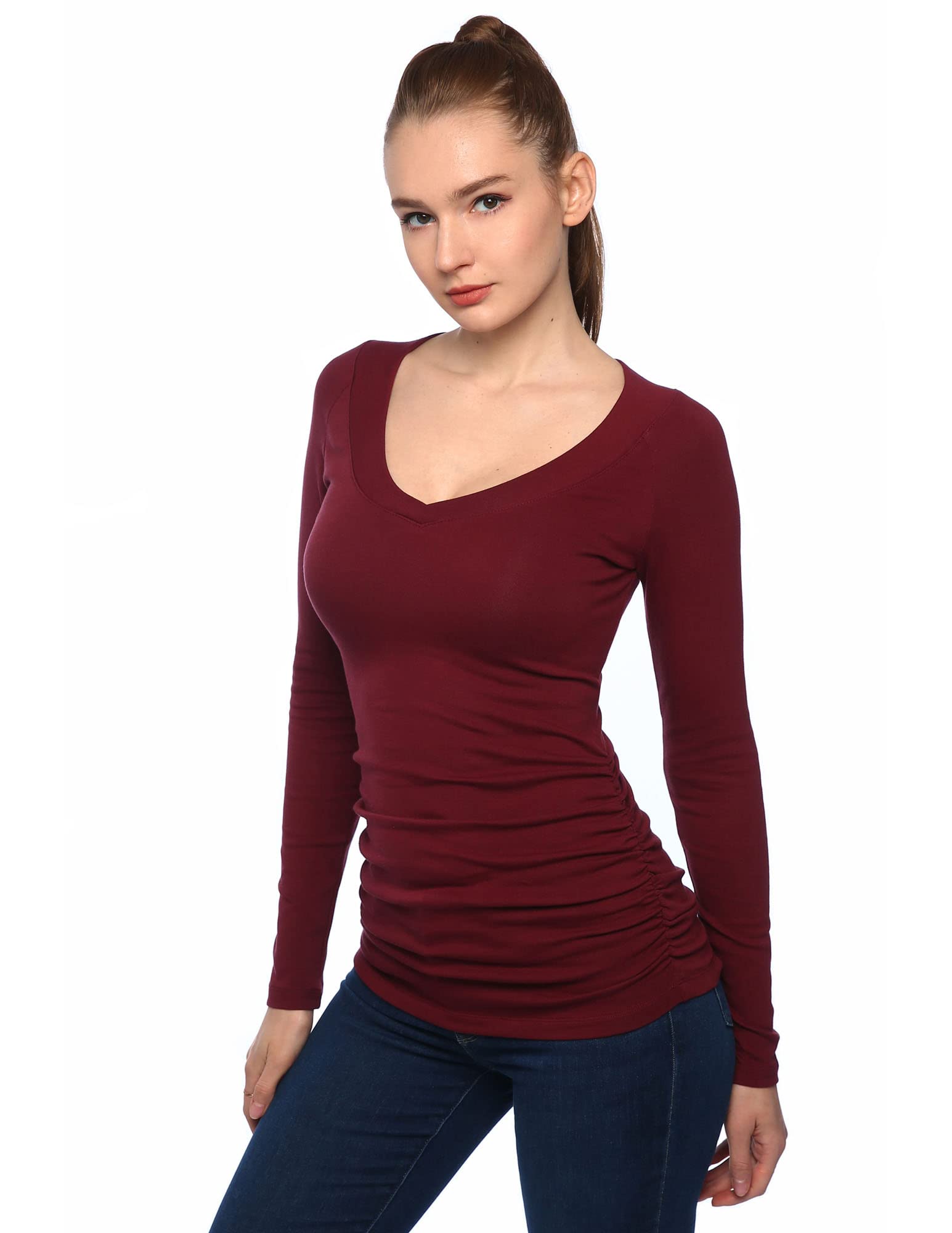 AmélieBoutik Women V Neck Raglan Long Sleeve Ruched Sides Top (Burgundy Medium 12)