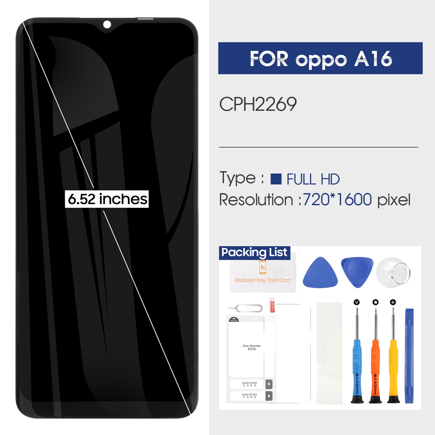 YHX-OU 6.52'' Nero Schermo per Oppo A16 Oppo A16s CPH2271 CPH2269 LCD Display Touch Screen Digitizer Ricambio Assembly con Utensili Inclusi YHX-OU 6.52'' Nero Schermo per Oppo A16 Oppo A16s CPH2271 CPH2269 LCD Display Touch Screen Digitizer Ricambio Assembly con Utensili Inclusi