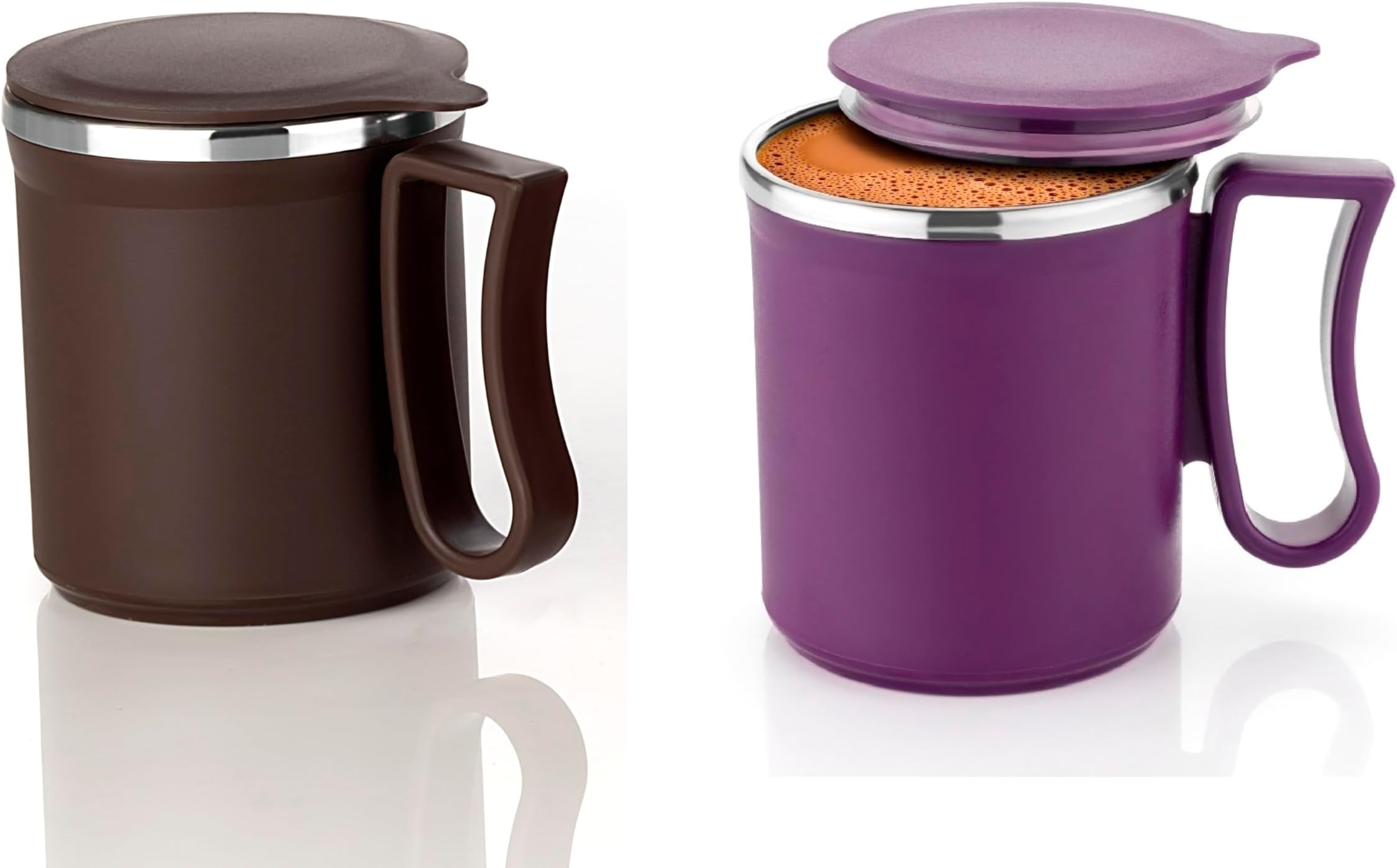 LEAWALL Coffee Mug with Lid Insulated Stainless Steel for Tea Milk Mug Inner Stylist Double Wall Cup for Home Office Restaurant Use Gift (1 Pc Brown & 1 Pc Purpel)