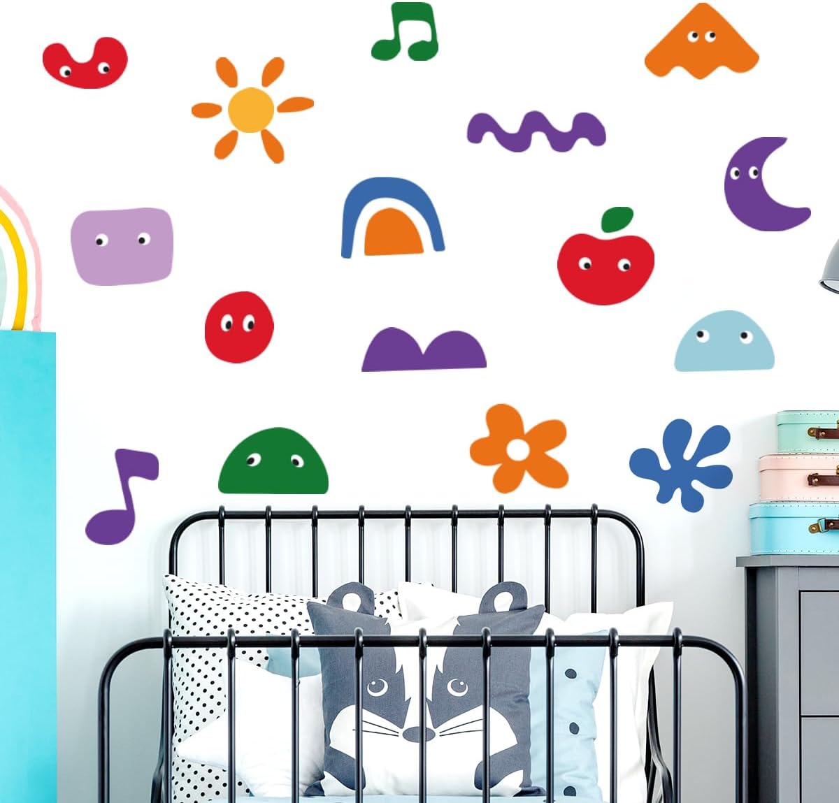 56.29x55.11 InchColorful Abstract Shapes Wall Decals for Kids Room Fun Geometric Wall Stickers with Stars Hearts Flowers for Kids Room Playroom Nursery Bedroom