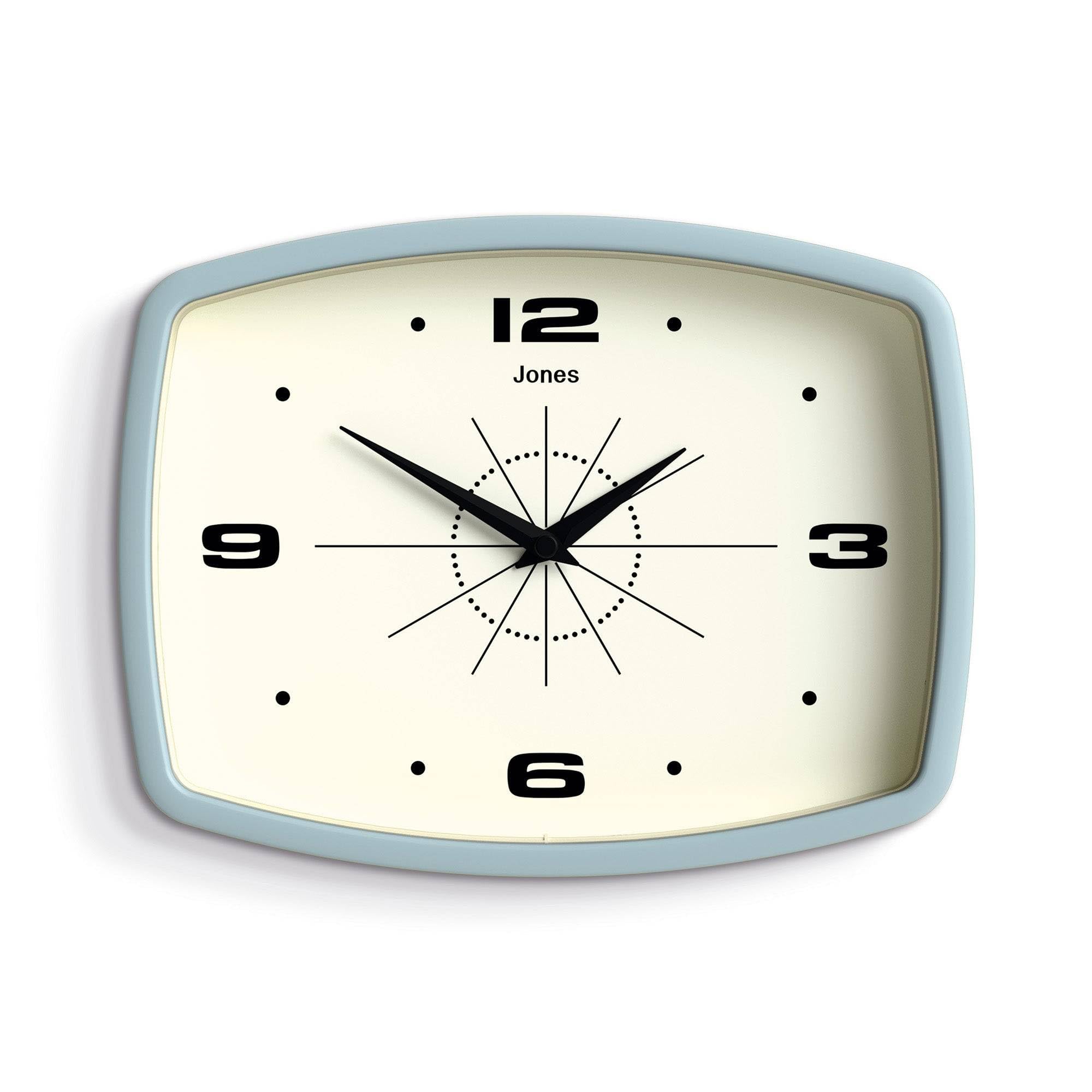 JONES CLOCKS® Reloj de Pared Movie | Reloj Retro Rectangular | 25 cm | Azul pálido | Estilo de diseñador Fresco para Cocina, Sala de Estar u Oficina