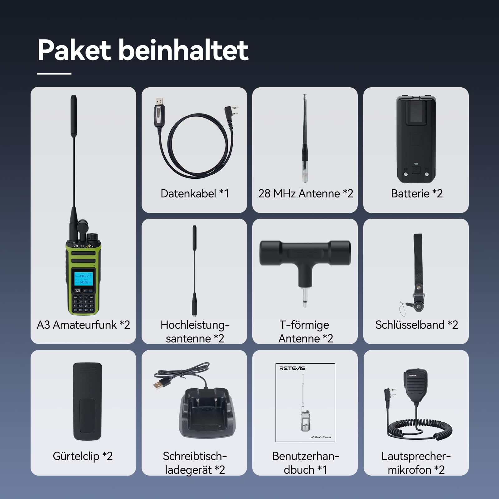 Retevis A3 CB Handfunkgerät Quadband, Funkgeräte mit Große Reichweite, AM/FM/SSB/AIR/CB RX, 999 Kanalnummer, 2500 mAh Akku, VFO Custom, Amateurfunkgerät mit Mikrofon für Reisen und Abenteuer (2 Stück)