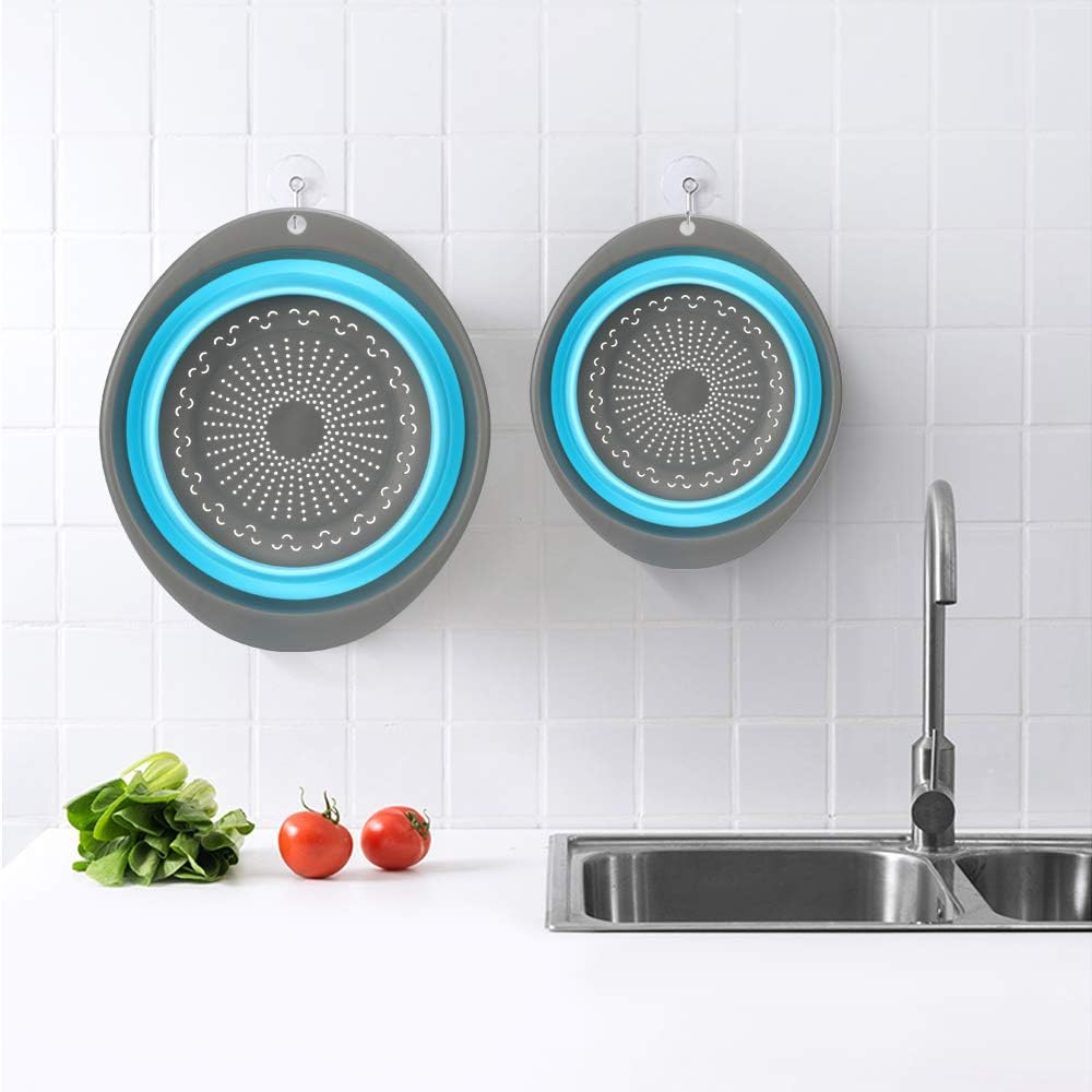 2 Collapsible Set - Collapsible Colander, Learja Upgrade Food-Grade Silicone kitchen Strainer Space-Saver Folding Strainer Colander, Sizes 8 inches - 2 Quart, and 10 inches - 4 quart. (Blue)