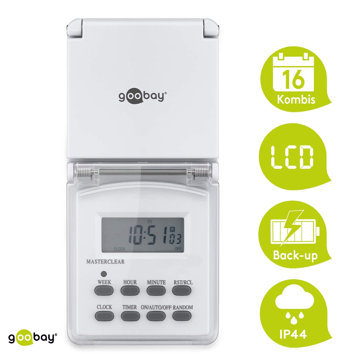 Goobay 55546 Timer digitale per esterni - IP44 - programmabile - 10 programmi di commutazione - display LCD - batteria di riserva per 4 giorni - set di 3 - Versione Tedesca
