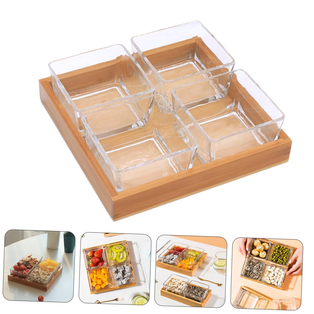 Toyvian Plateau de Service Verre Divisé avec Support Bois Assiette pour Noix et Fruits Secs Plateau Apéritif Multi-compartiments sans Couvercle pour Cuisine et Réception