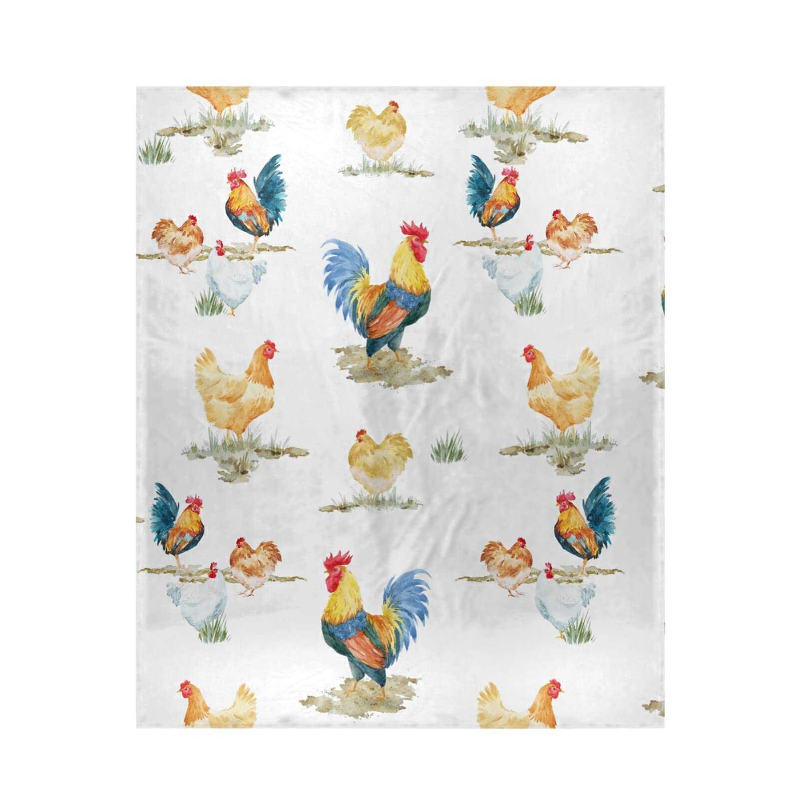 Poeticcity Multi 17 Seamless Watercolor Chickens Roosters Farm Birds On White 1Pc Blanket, Lightweight Plush Throws Siesta 50X60 Inches Super-Soft Fluffy Warm Cozy Travel Crystal Velvet Carpet For Bed Couch