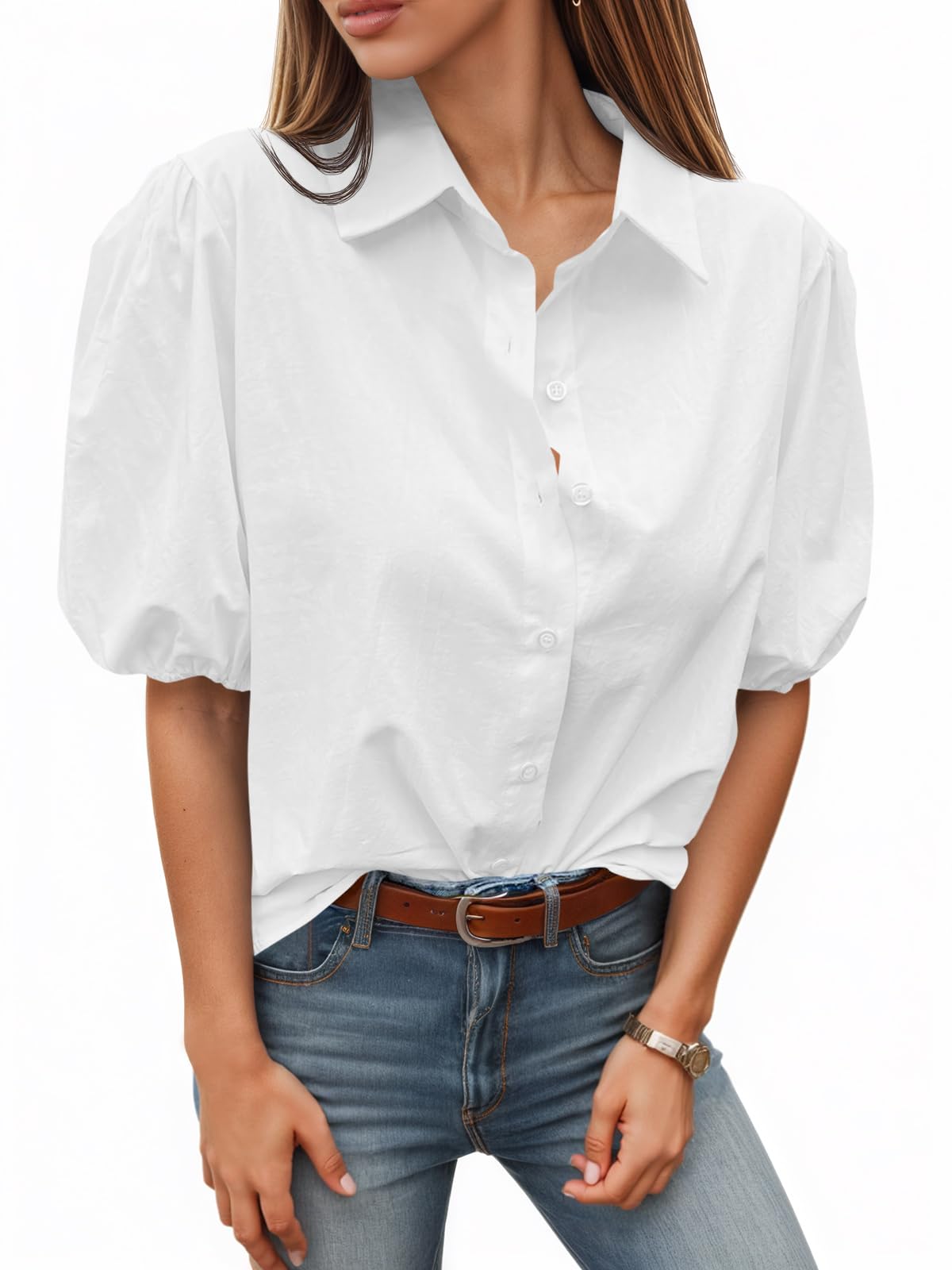Women's Button Down Shirts Short Puff Sleeve Collared Dressy Casual Blouse Tops