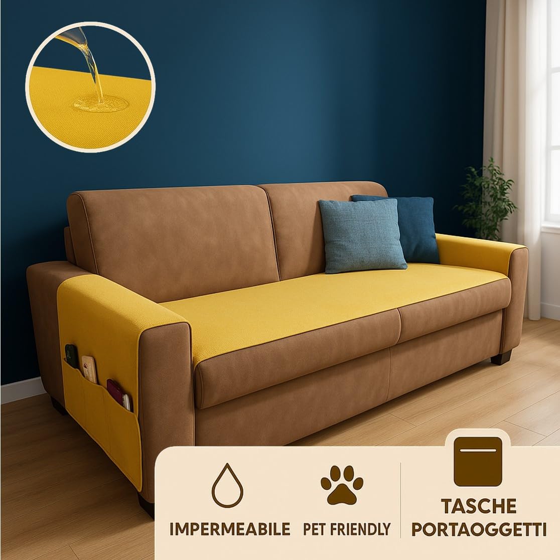 Farè – Runner Copriseduta Divano Impermeabile con Copribraccioli e Tasche Organizer - Copridivano Universale Antimacchia - Ideale per cani, gatti e bambini - Armor Oro