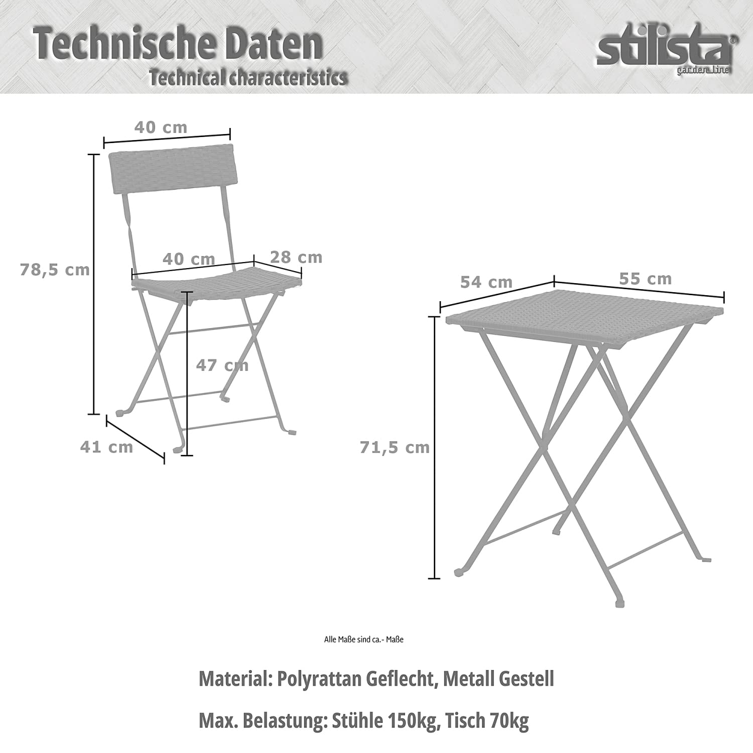 STILISTA Bistro-Set 3-teilig aus Polyrattan 1x Tisch + 2X Stuhl, klappbar in schwarz