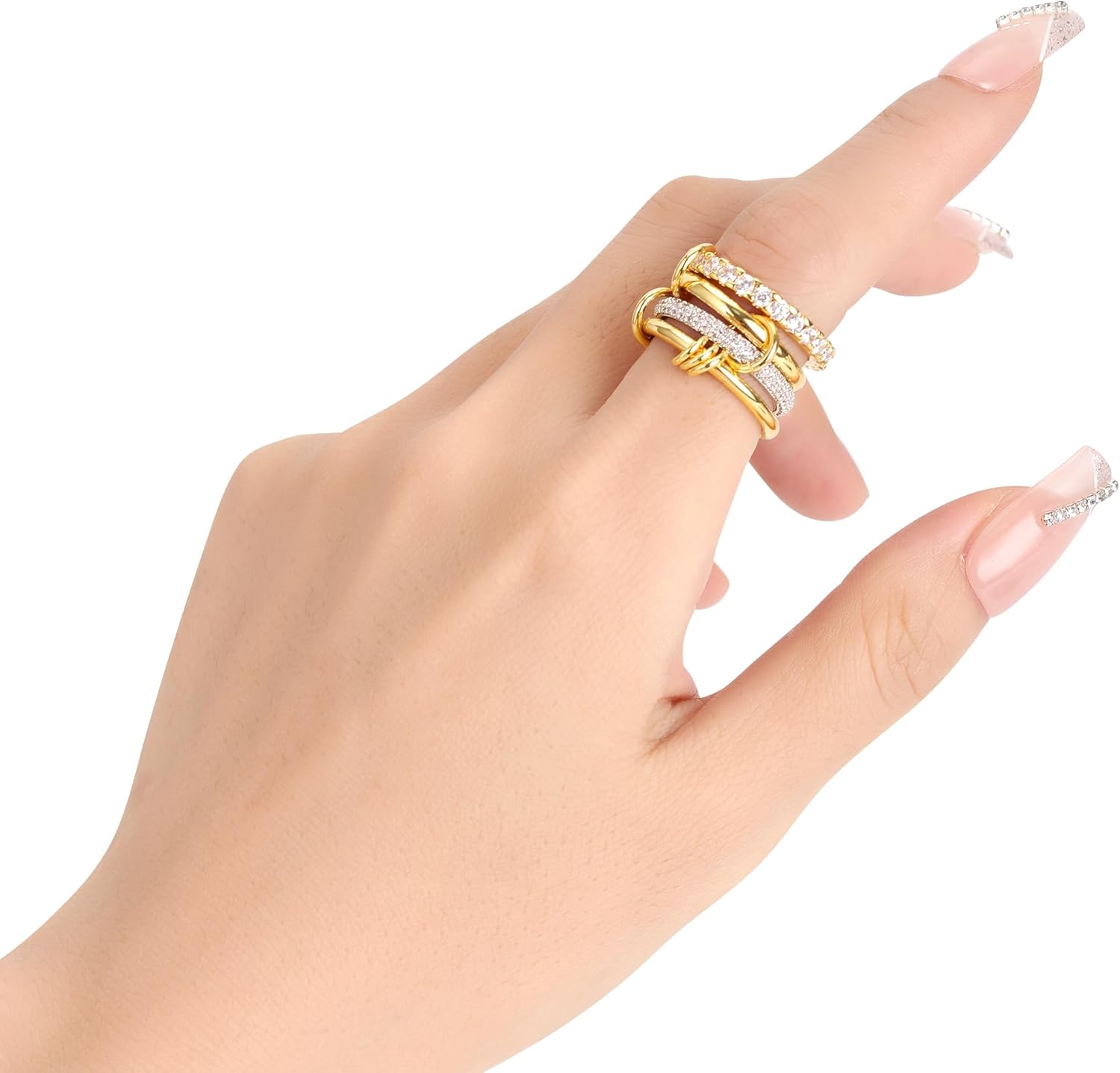 Gold Stackable Rings for Women Non Tarnish, 18K Gold Plated CZ Cubic Zirconia Rings, Golden Rings Set, Multi-Link Connected Rings - Image 8