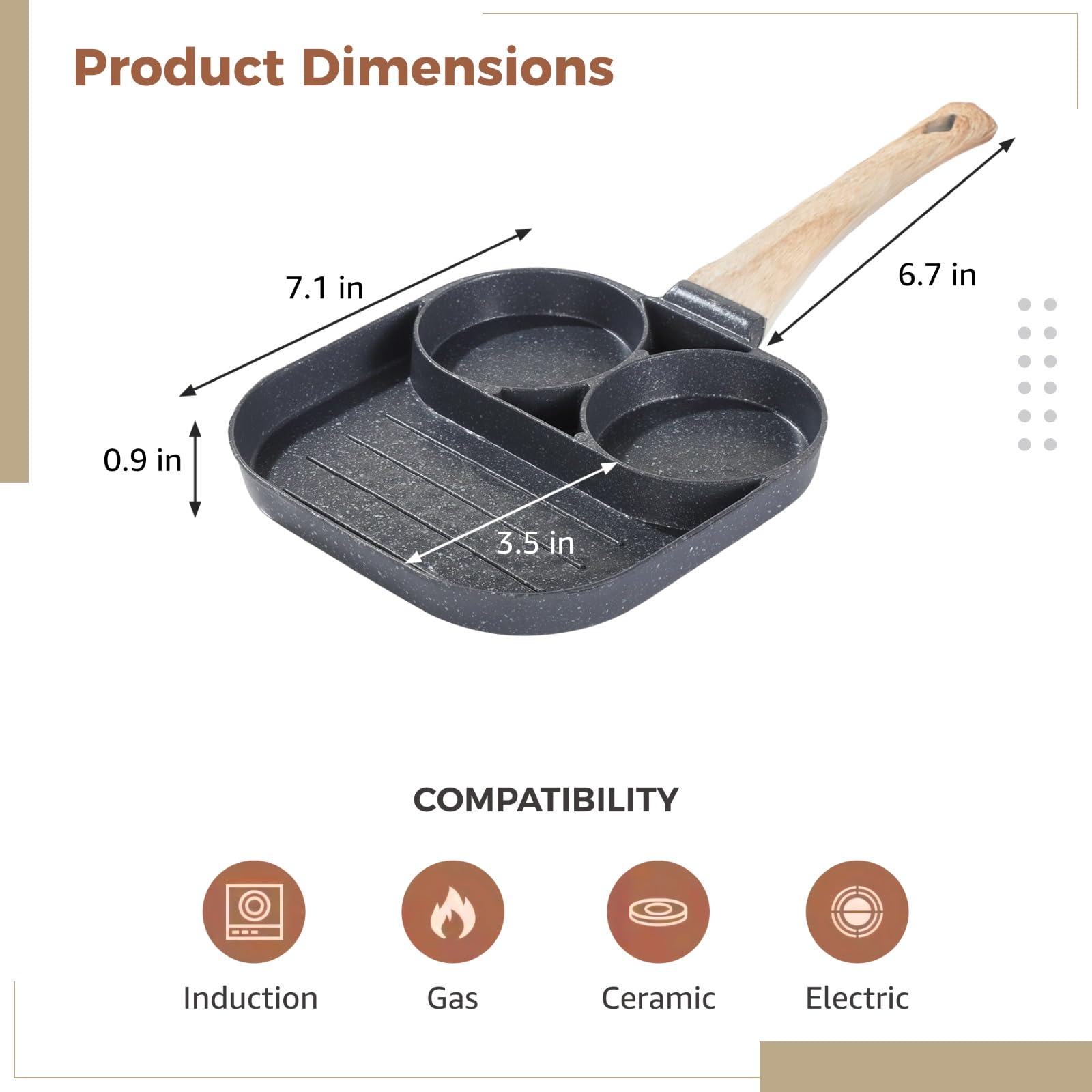 Generisch 3 in 1 Eierbratpfanne, antihaftbeschichtete Pfanne für Pfannkuchen, Eierpfanne mit Holzmaserungsgriff, kompatibel mit Induktion und Gas, für Burger, Eier und Pfannkuchen, schwarz