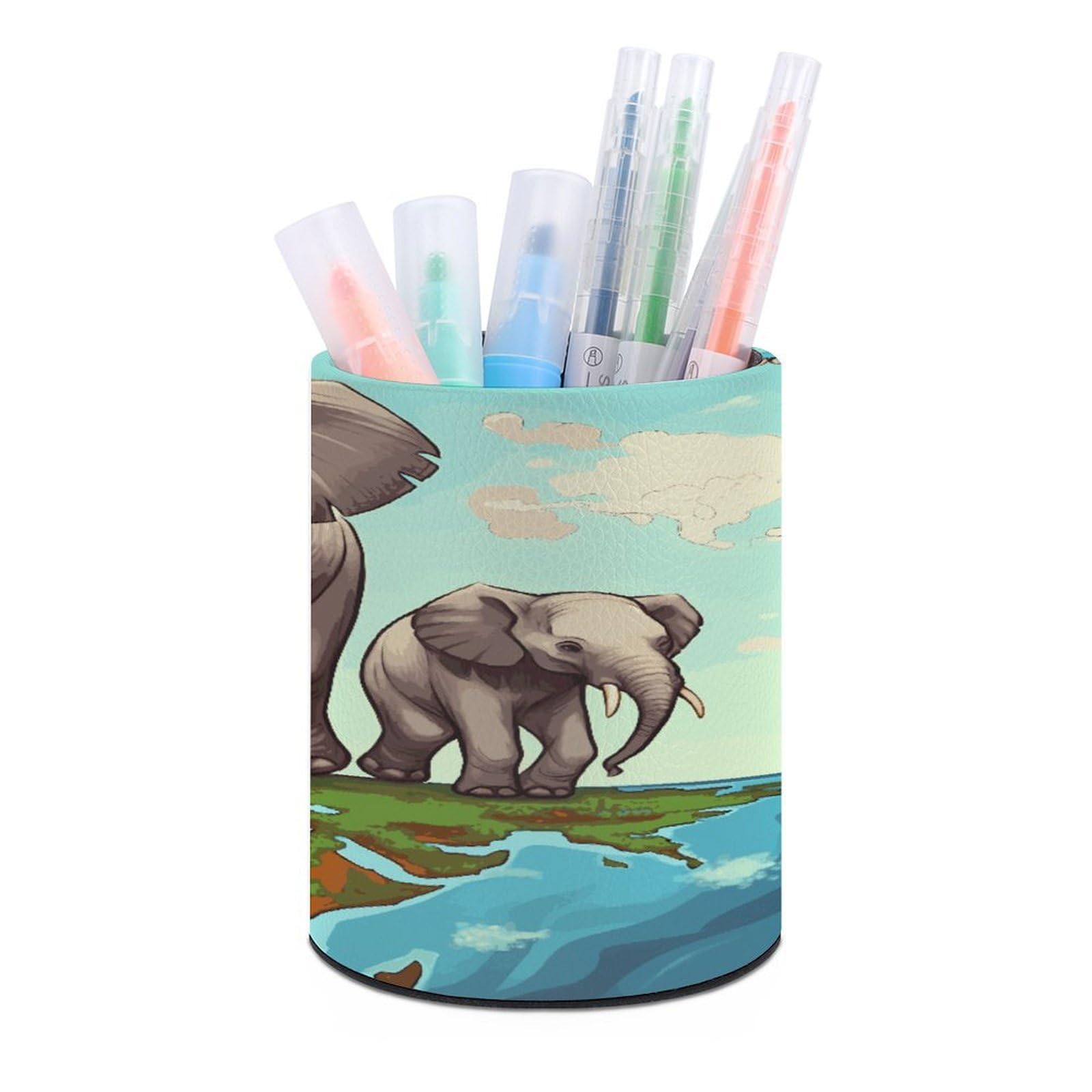 JTREHY Elephants Pen Holder Round Pen Pencil Holder Makeup Brush Holders Cup PU Leather Pencil Cups Desktop Caddy Stationery Organizer Case Office Accessories Container Box