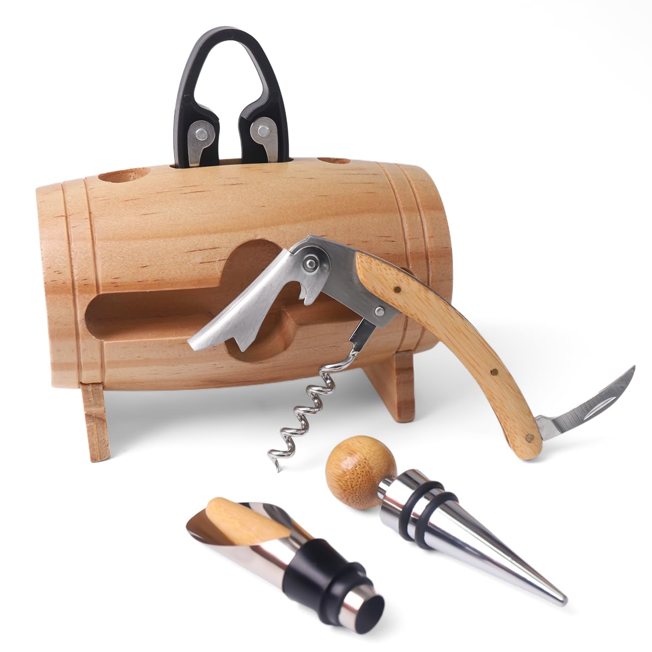 Set di Accessori da Vino a Forma di Barile,Accessori per Il Vino Include cavatappi,Tappo per Vino (Wood)