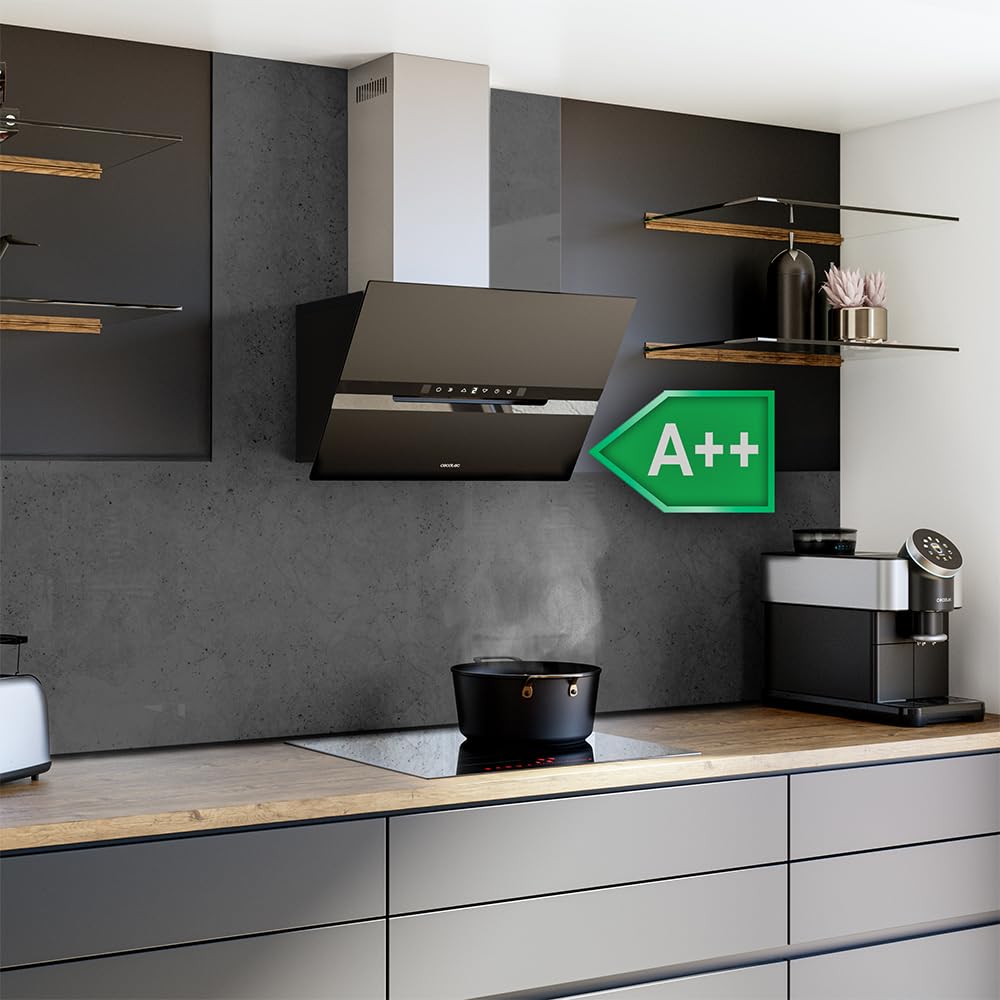 Cecotec Cappa Aspirante 60 cm Vetro Temperato. Bolero Flux DT 608010 Glass Black A++ 210W, Cappa 60cm vetro nero, Flusso d'Aria 800m3/h, A++, Touch, LED, Bluelit, Carbonio Ø176, alluminio 5 strati