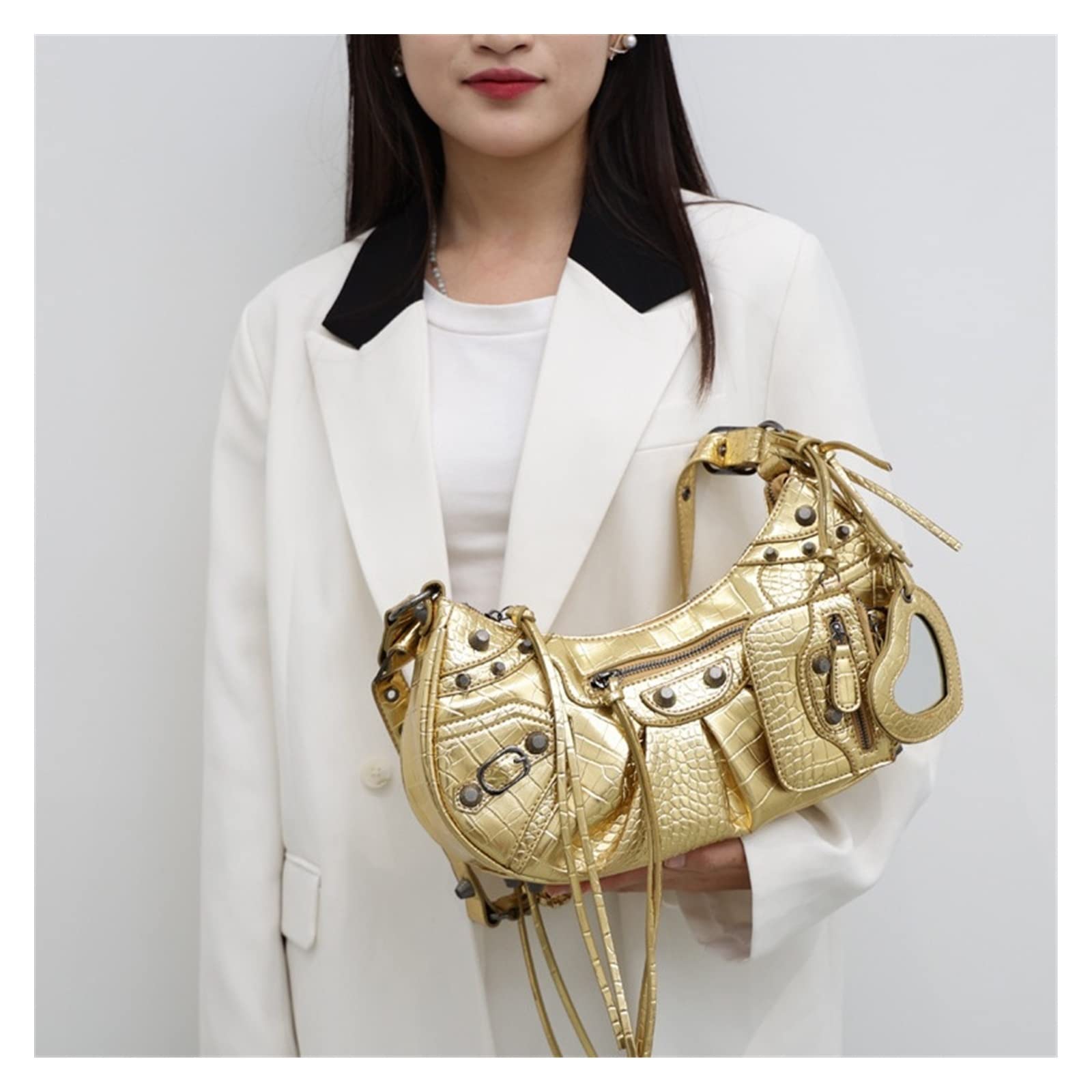 Womens Gold Riveted Shoulder Messenger Bag Half-Moon Bag Luxury  