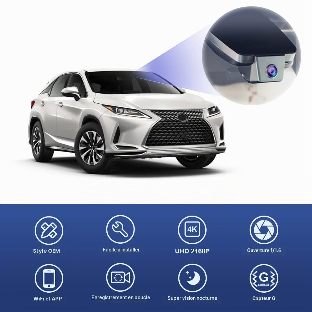 Fitcamx Dashcam 4K Convient pour Lexus RX 350 450 F Sport 350L 450hl Luxury 450h 2016-2022 (modèle B), Caméra de Voiture UHD WiFi 2160P, Accessoires OEM, Mode Parking, G-Senseur, avec Carte 64 Go