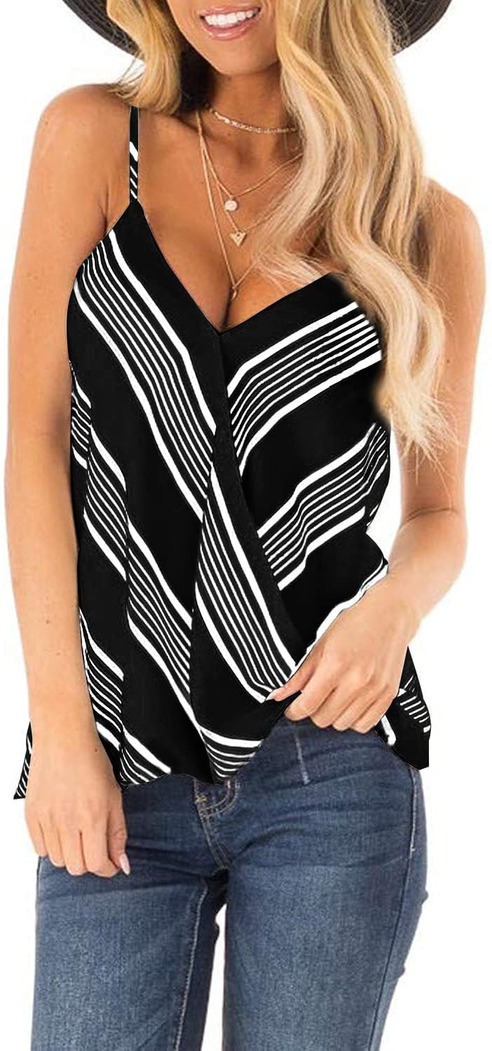 SAUKOLE Women's Adjustable Spaghetti Strap Shirts Blouses V Neck Floral Print Summer Sleeveless Casual Tank Tops