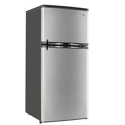 RecPro 4.4 Cu Ft RV Refrigerator | 12V Stainless Steel Fridge with Freezer | Frost-Free, Adjustable Shelves, Built-In Lock, Reversible Door | Off-Grid Ready Camper Fridge with Can Holder
