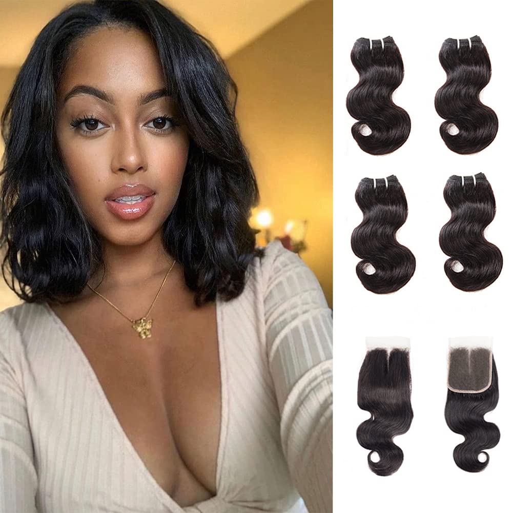 Body Wave 4 Bundles with Closure (10"x4+10" Middle Part）, Brazilian Body Wave Human Hair Bundles with 4x4 Lace Closure, 9A Natural Color Human Hair Double Weft, 50g/Bundle