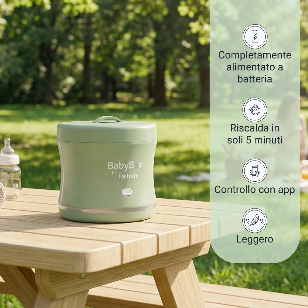 BabyBoo Scaldapappe Portatile – Scaldabiberon e Pappa con Batteria, Controllo App, Riscaldamento Rapido 70W, Anello LED, fino a 45°C, Vaschetta Rimovibile, USB-C – Casa e Viaggio