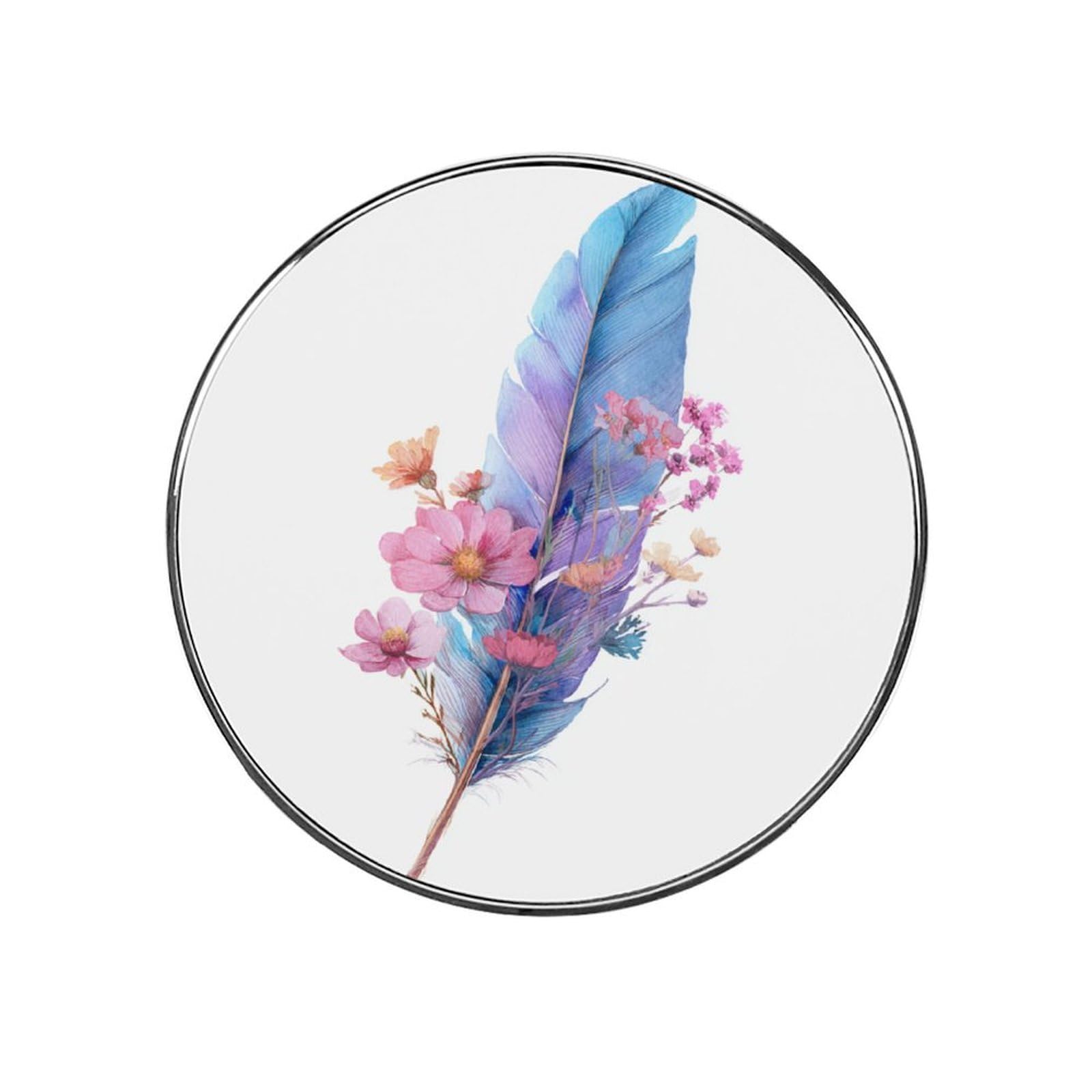 Watercolor Blue Feather with Wildflowers Fridge Magnets DIY Art Round Magnetic Refrigerator Sticker for Home Kitchen Car Garage Decor